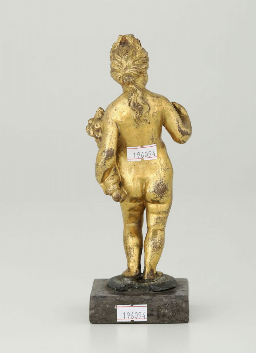 Figura di Eros con Cornucopia. Bronzo Fuso, Cesellato e Dorato. Fonditore Rinascimentale, Veneto ...