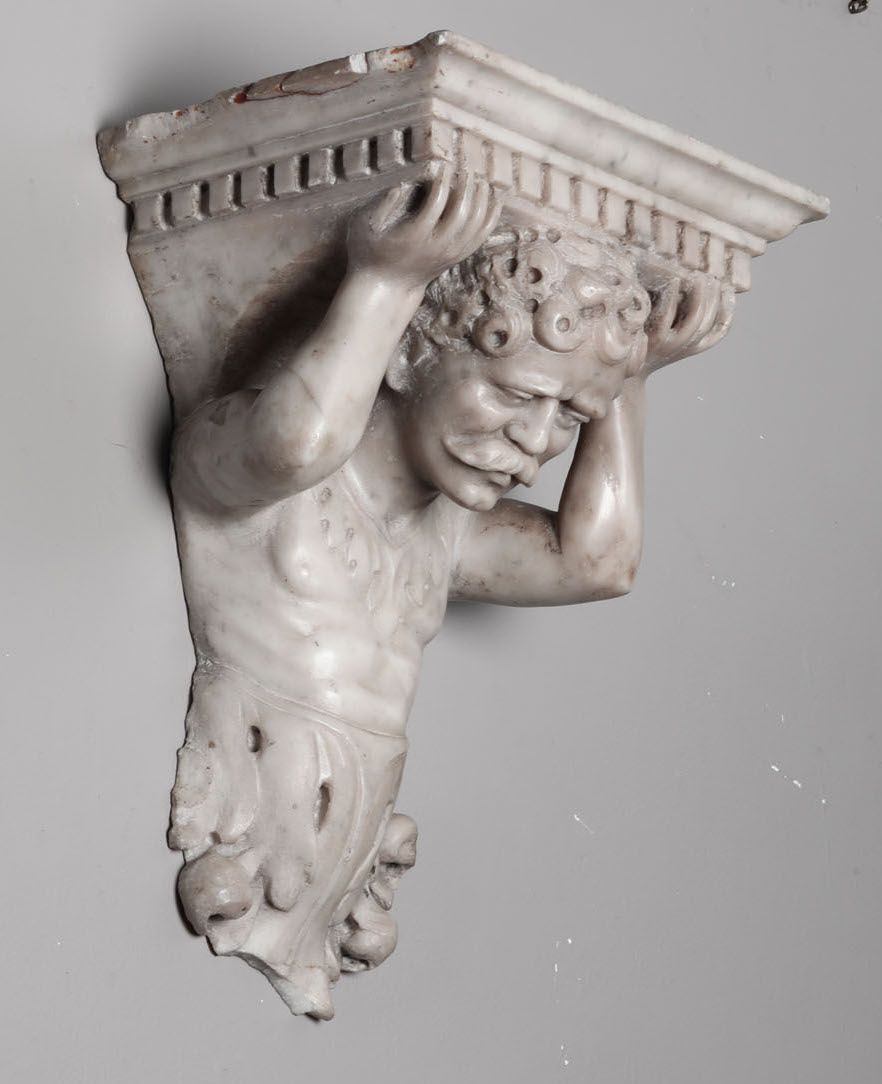 Coppia di Mensole con Telamoni in Marmo Bianco. Arte Barocca Veneta del XVII-XVIII Secolo