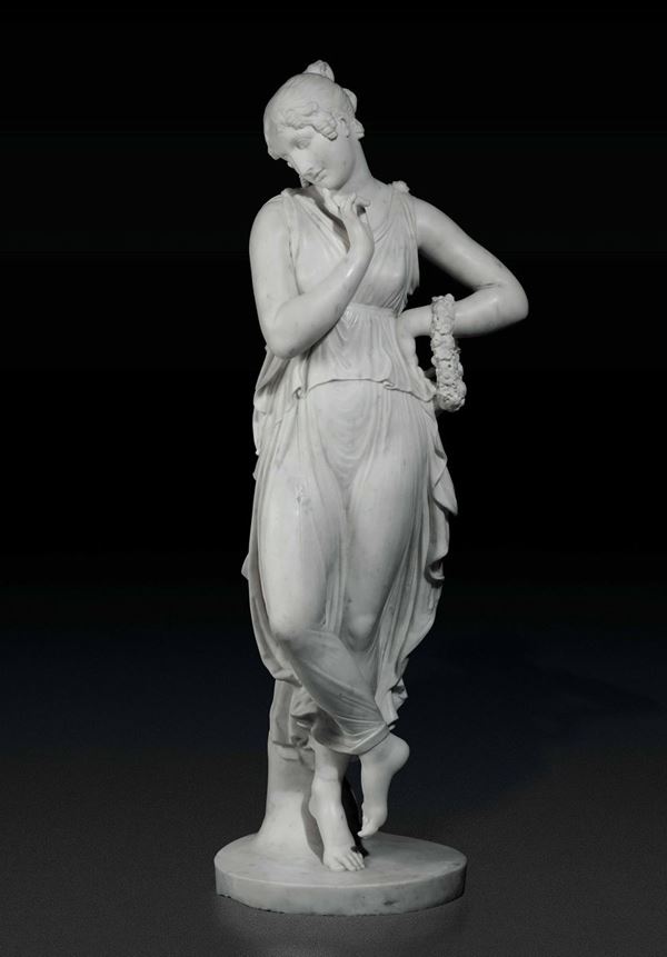 Danzatrice con dito sul mento in marmo bianco, Italia XIX-XX secolo
