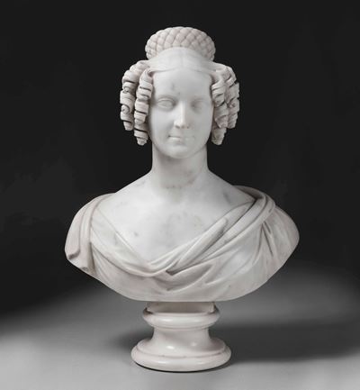 Busto di Gentildonna in Marmo Bianco. Arte Neoclassica Italiana del XIX Secolo. Reca Iscrizione S...