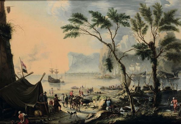 Pittore fiammingo del XVII secolo Paesaggio costiero con imbarcazioni