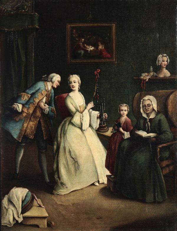 Maestro dei riflessi (attivo a Venezia nel XVIII secolo) Scena galante con giovane donna al fuso