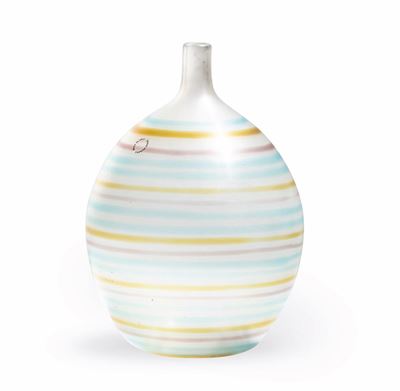 Carlo Scarpa, Vaso in vetro soffiato Venini con decoro a fili multicolori (Murano)