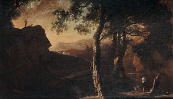 Salvator Rosa (Napoli 1615 - Roma 1673) Paesaggio boschivo all’alba con pescatori