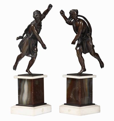 Atalanta e Melanione. Bronzo Fuso, Cesellato e Patinato su Basi in Onice e Marmo. Arte Neoclassic...