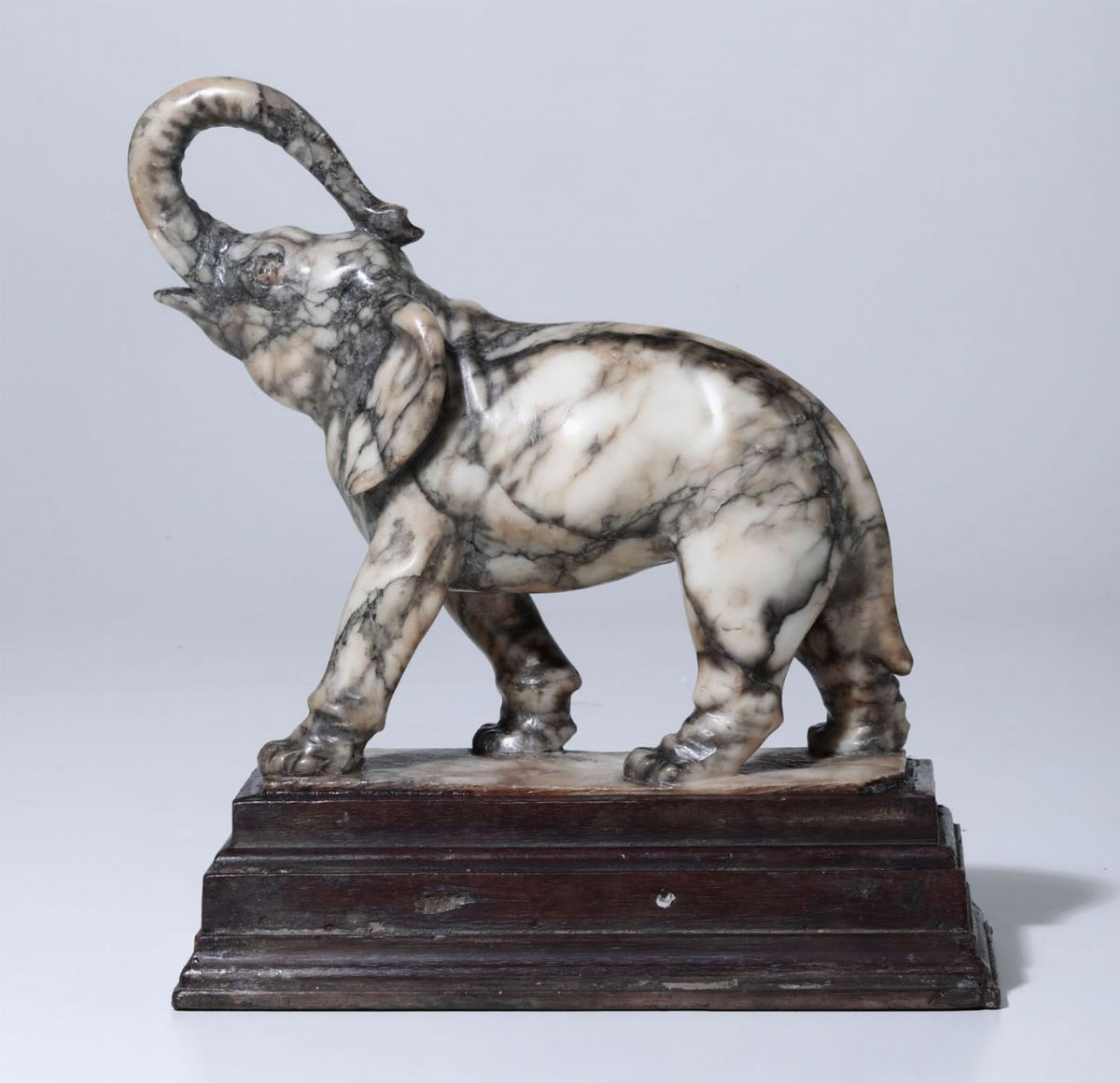 Elefante in Marmo (pavonazzetto?). Base in Legno a Plinto Gradinato. Roma (?) XVIII Secolo