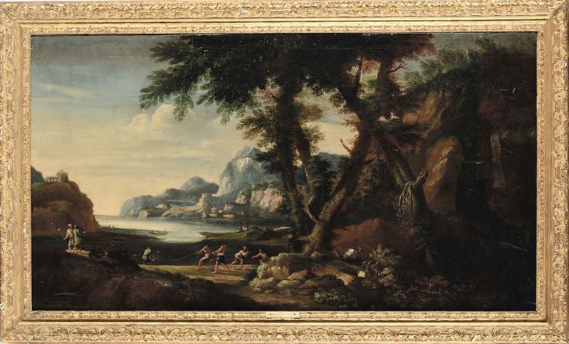 Scuola laziale del XVIII secolo Paesaggio con pescatori e agricoltori  - Auction Old Masters Paintings  - Cambi Casa d'Aste