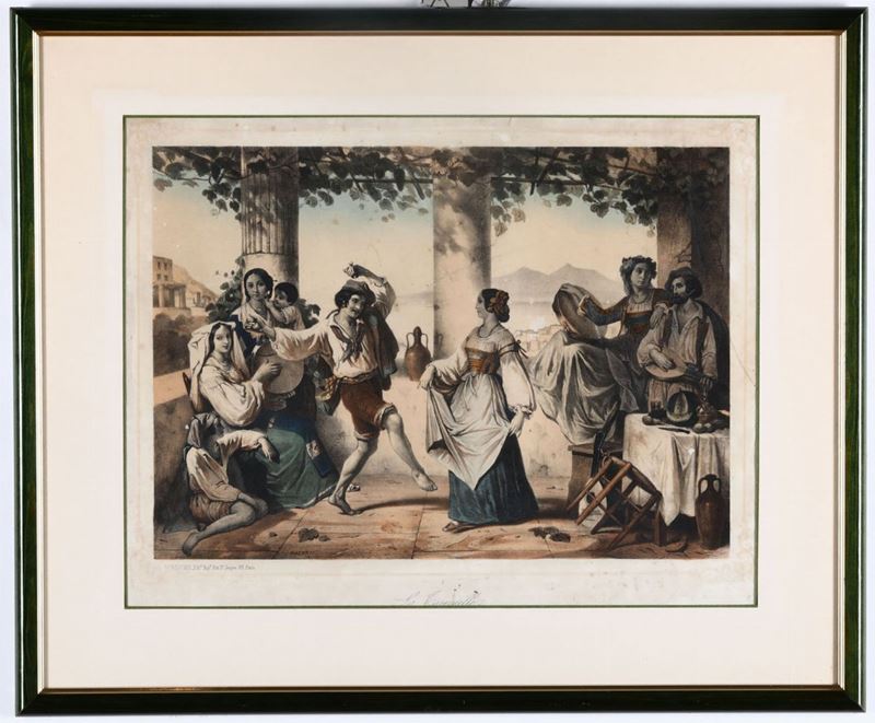 Stampa raffigurante La tarantella, Fr. Wentzel, Francia XIX secolo  - Asta Arredi, Dipinti e Oggetti d'Arte - Cambi Casa d'Aste