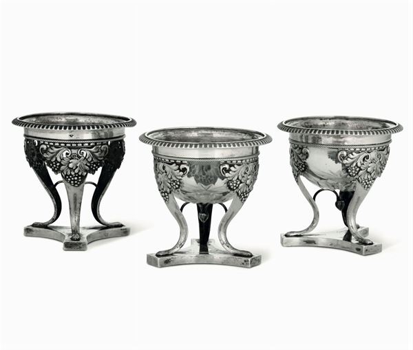 Three silver salt bowls, Milan, mid 1800s