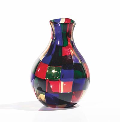 Fulvio Bianconi, Vaso sferico con alto collo – serie Pezzati, vetro soffiato policromo (Murano, 1...