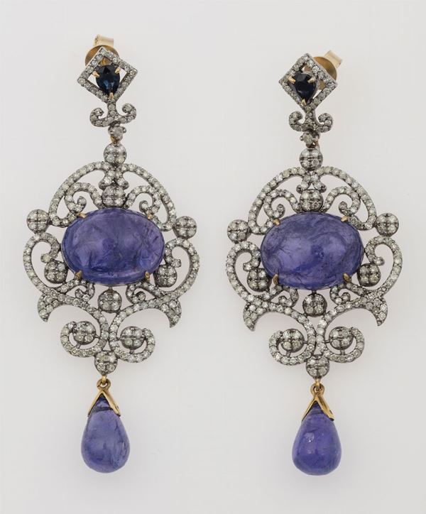 Pair of tanzanite, sapphire and diamond earrings