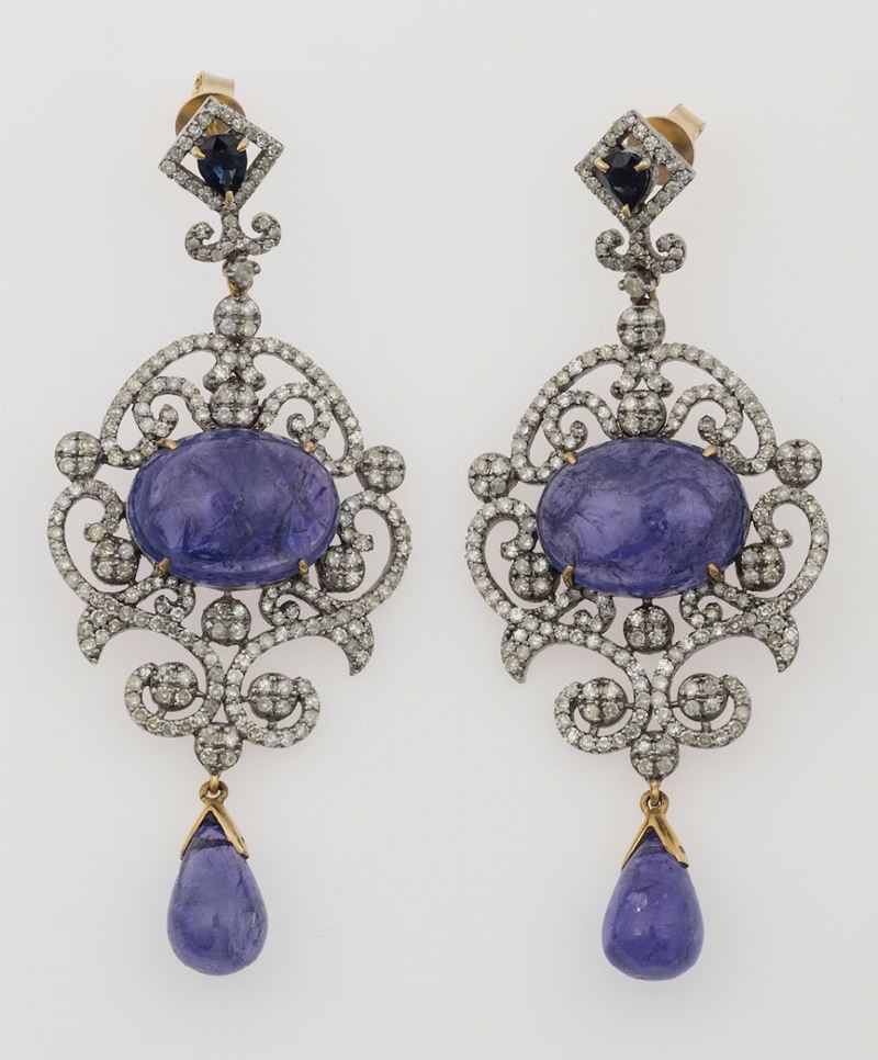 Pair of tanzanite, sapphire and diamond earrings  - Auction Timed Auction Jewels - Cambi Casa d'Aste