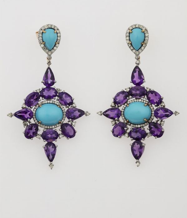 Pair of amethyst, turquoise and diamond earrings
