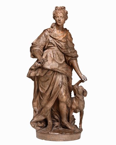 Diana Cacciatrice. Terracotta Patinata. Plasticatore D'oltralpe XVIII-XIX Secolo