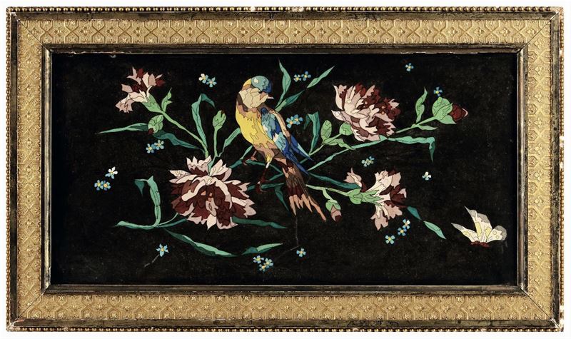Commesso di pietre dure raffigurante motivo floreali e volatile, XIX-XX secolo  - Auction Fine Art - Cambi Casa d'Aste