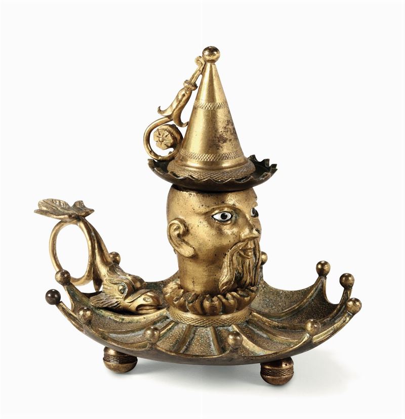Bugia in bronzo dorato con figura di turco, XIX secolo  - Auction Fine Art - Cambi Casa d'Aste