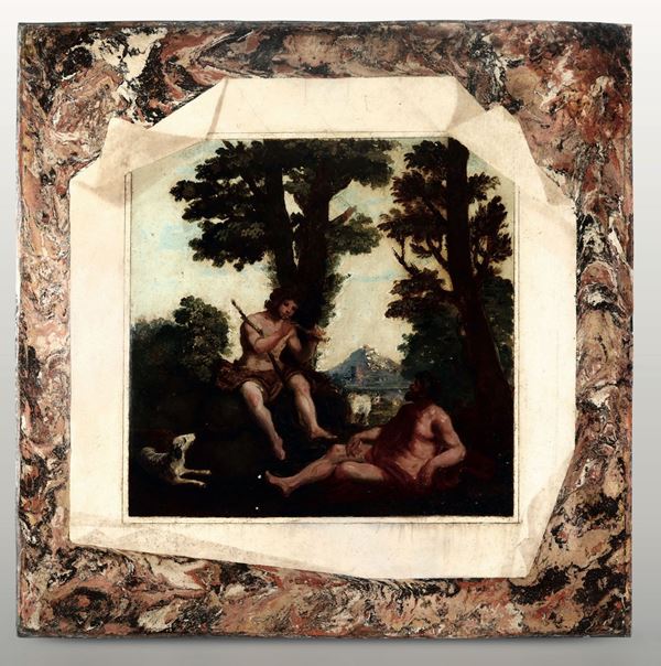 Trompe l’oeil. Scagliola a finto marmo con raffigurazione a olio di scena bucolica. Arte barocca del XVII-XVIII secolo