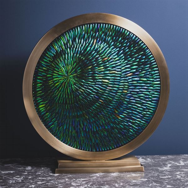 Elytra green beetle wings in round brass frame