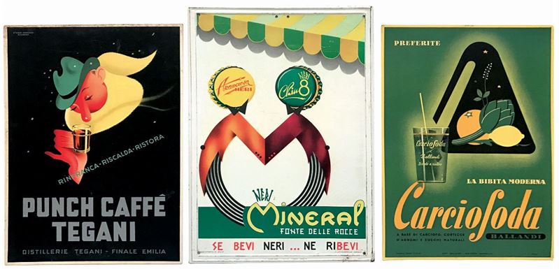 Studio Mingozzi PUNCH CAFFE’ TEGANI / CARCIOSODA / NERI MINERAL – ARANCIATA - CHINOTTO  - Auction Vintage Posters - Cambi Casa d'Aste