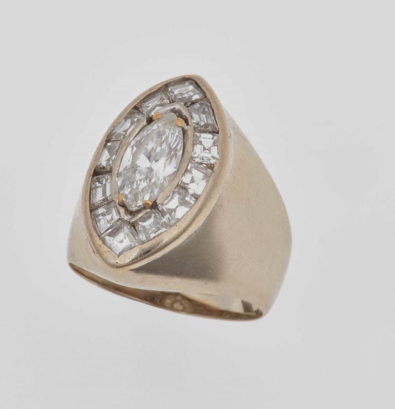 Anello con diamante taglio navetta di ct 1.00 circa e diamanti a contorno  - Auction Jewels | Cambi Time - Cambi Casa d'Aste
