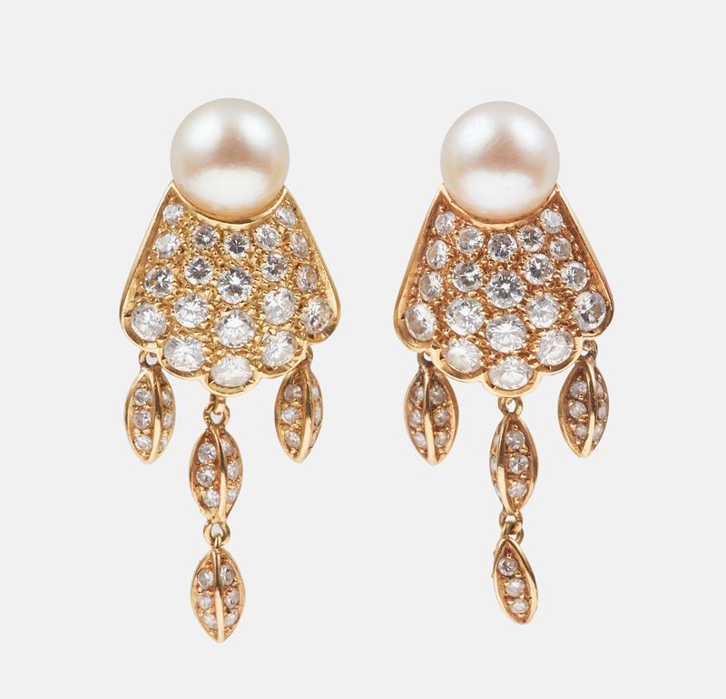Orecchini con perle coltivate e diamanti   - Asta Gioielli - Cambi Casa d'Aste