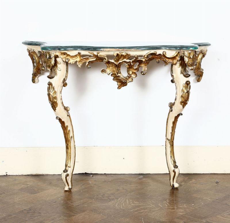 Console a due gambe in legno laccato e dorato a mecca, XIX secolo  - Auction Antiques II - Timed Auction - Cambi Casa d'Aste