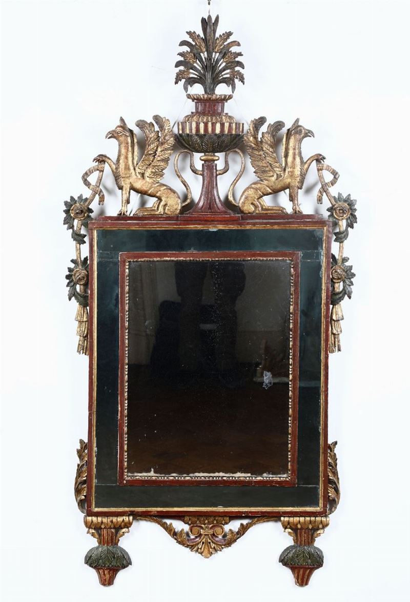 Specchiera in legno intagliato, laccato e dorato, XIX secolo  - Asta Arredi, Dipinti e Oggetti d'Arte - Cambi Casa d'Aste