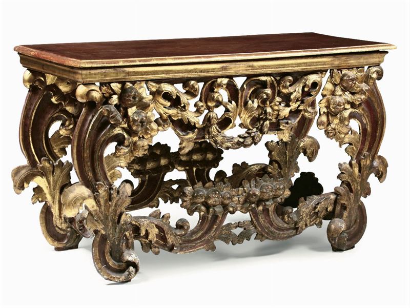 Consolle in legno intagliato, dorato e laccato, XVIII secolo  - Asta Antiquariato - Cambi Casa d'Aste