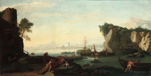 Scuola del XVIII secolo Veduta di porto con pescatori