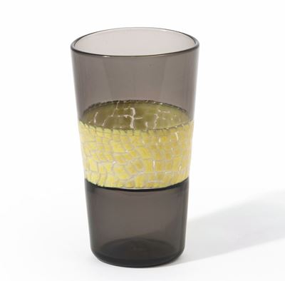 Riccardo Licata, Vaso Venini in vetro soffiato fumé con decoro a murrine, doppio incalmo