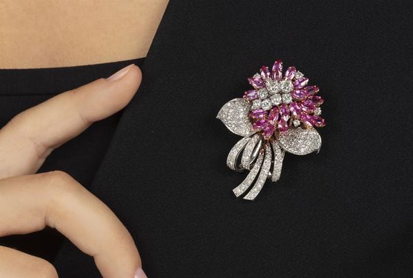 Ruby, diamond, platinum and gold brooch. Signed Chaumet Paris