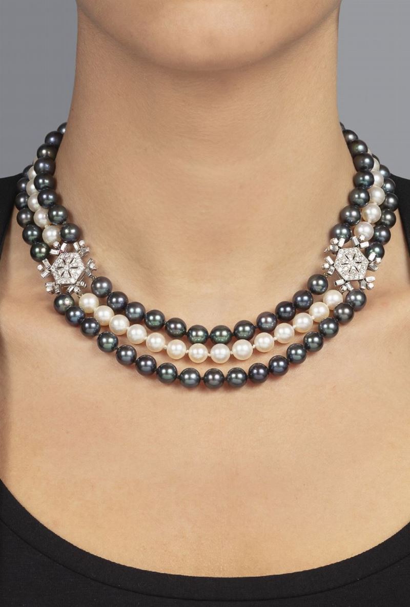 Cultured pearl and diamond necklace  - Auction Fine Jewels  - Cambi Casa d'Aste