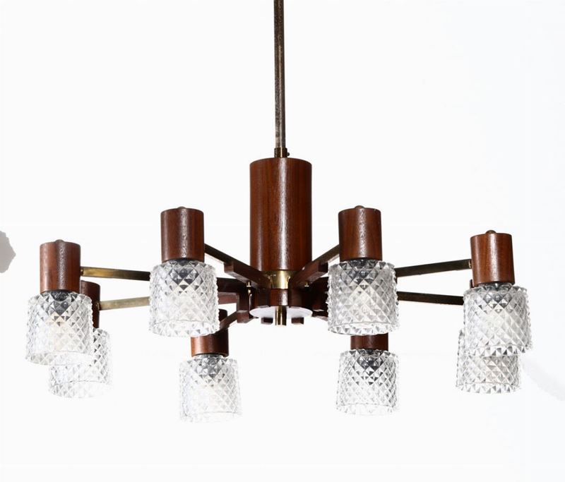 Lampada a sospensione con struttura in ottone e diffusori in vetro a bollicine.  - Auction Design - Cambi Casa d'Aste