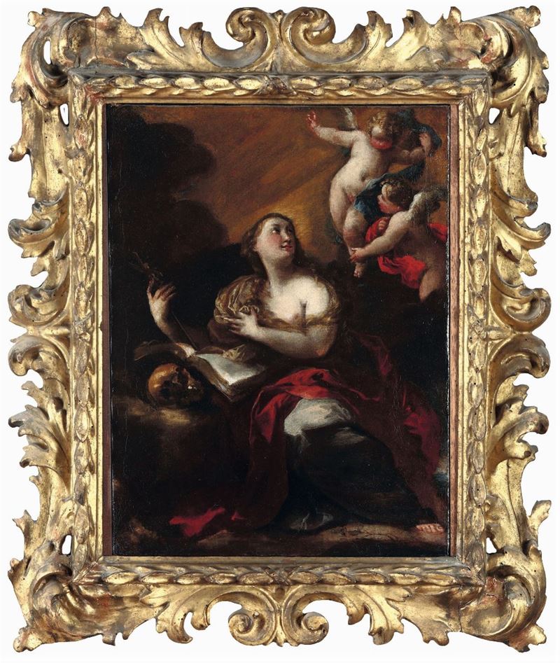 Scuola genovese del XVII secolo Maddalena in preghiera con angeli  - Auction Fine Art - Cambi Casa d'Aste