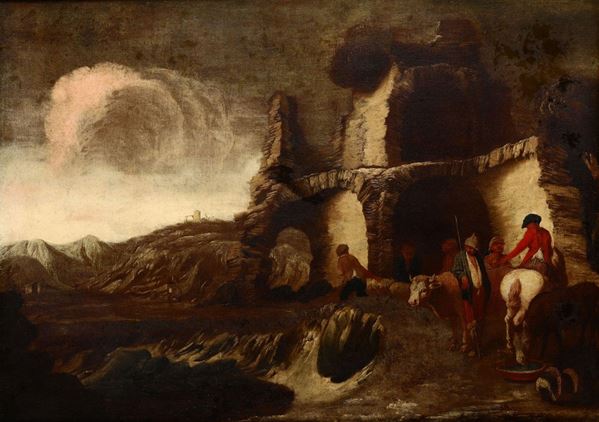 Antonio Travi detto il Sestri (Sestri Ponente 1608 - Genova 1665), attribuito a Paesaggio con rovine e pastori