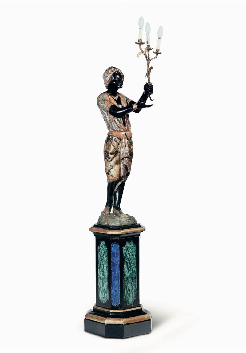 Moretto reggicero scolpito in legno ebanizzato e laccato in policromia, XIX secolo  - Auction Fine Art - Cambi Casa d'Aste