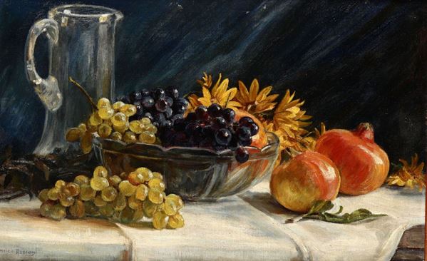 Enrico Arcioni (1875 - 1954) Natura morta con uva e melograni