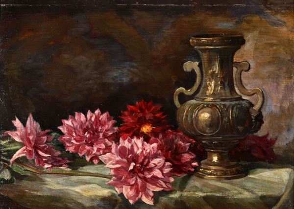 Enrico Arcioni (1875 - 1954) Fiori rossi con brocca