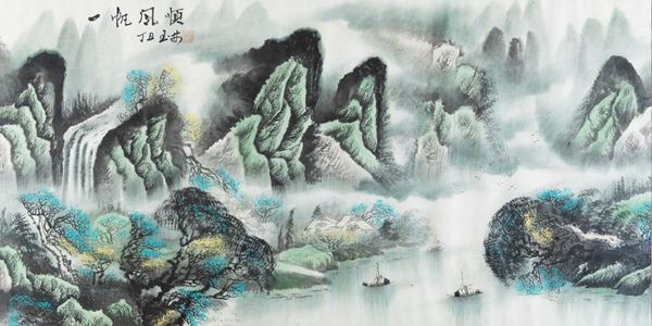 Dipinto su carta raffigurante paesaggio fluviale con imbarcazioni e iscrizione, Cina, XX secolo