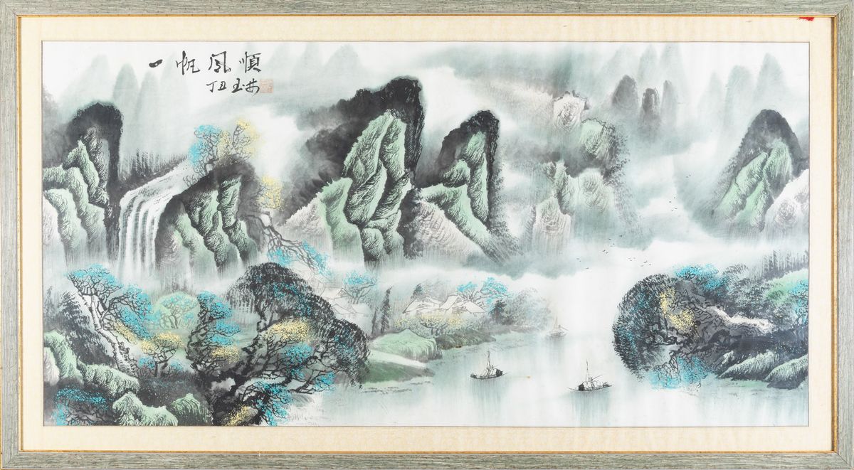 Dipinto su Carta Raffigurante Paesaggio Fluviale con Imbarcazioni e Iscrizione, Cina, XX Secolo