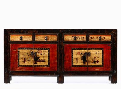 Credenza in Legno Dipinto a Quattro Ante e Quattro Cassetti, Mongolia