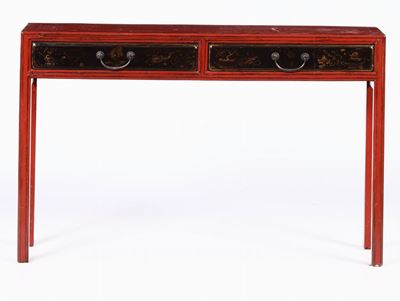 Consolle in Legno Laccato con Due Cassetti e Decoro Dorato