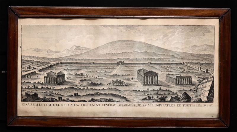 Stampa con veduta di Paestum, XVIII secolo  - Asta Arredi, Dipinti e Oggetti d'Arte - Cambi Casa d'Aste