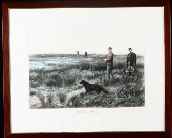 Due stampe raffiguranti caccia alla papera e al furetto, fine XIX secolo
