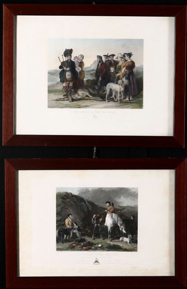 Due stampe raffiguranti la morte del cervo e riposo dei cacciatori