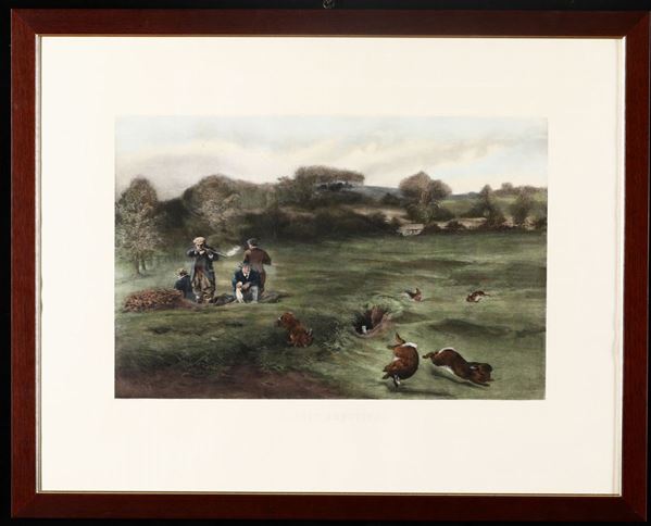 4 stampe di formati diversi raffiguranti scene di caccia