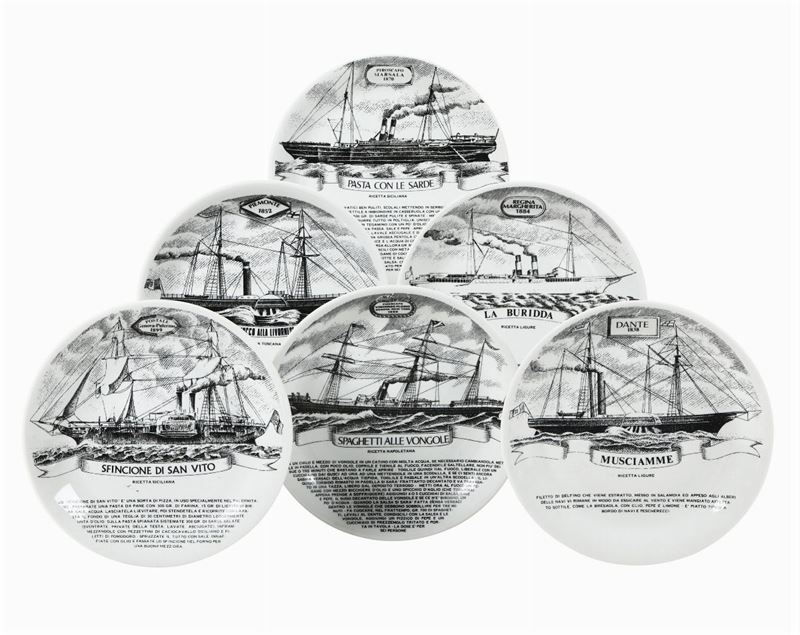 Six P. Fornasetti, dishes, Italy, 1960s ca.  - Auction Design - Cambi Casa d'Aste