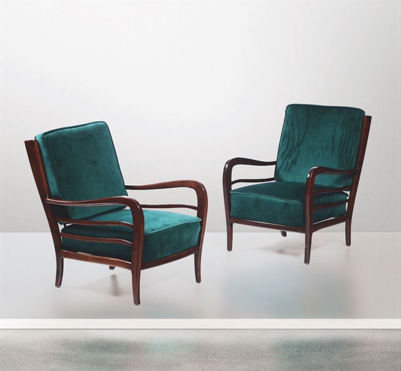 Two wood and velvet armchairs, Italy, 1950s  - Auction Design - Cambi Casa d'Aste