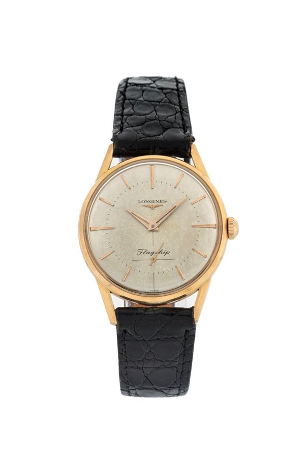 LONGINES - Rose gold wristwatch with leather strap.