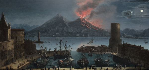 Tommaso Ruiz - Tommaso Ruiz (attivo a Napoli verso la metà del secolo XVIII), attribuiti a Marina in tempesta Veduta di porto con vulcano in eruzione